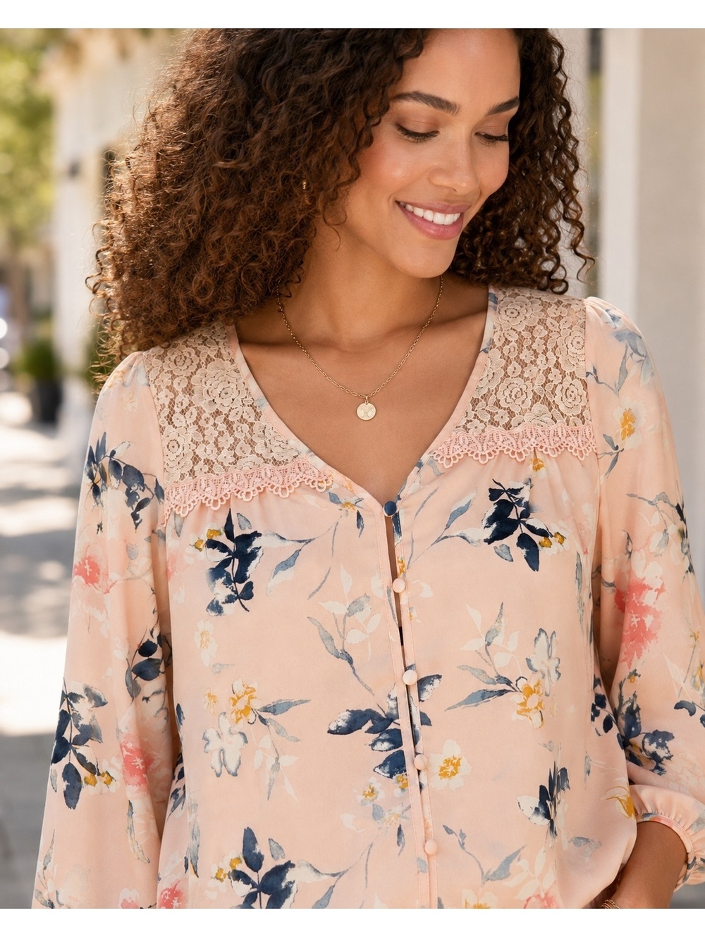 MINE Blush Floral Lace Yoke Smocked Hem Blouse Size Small